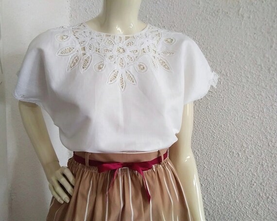 80s open lace blouse M size white embroidered blo… - image 9