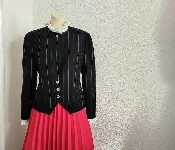 ジャケット・アウター 80s FRANCE jacquard design stripe blazer 80s Striped Jacket Puffy Sleeve Pure Wool Blazer BASLER Pinstripe