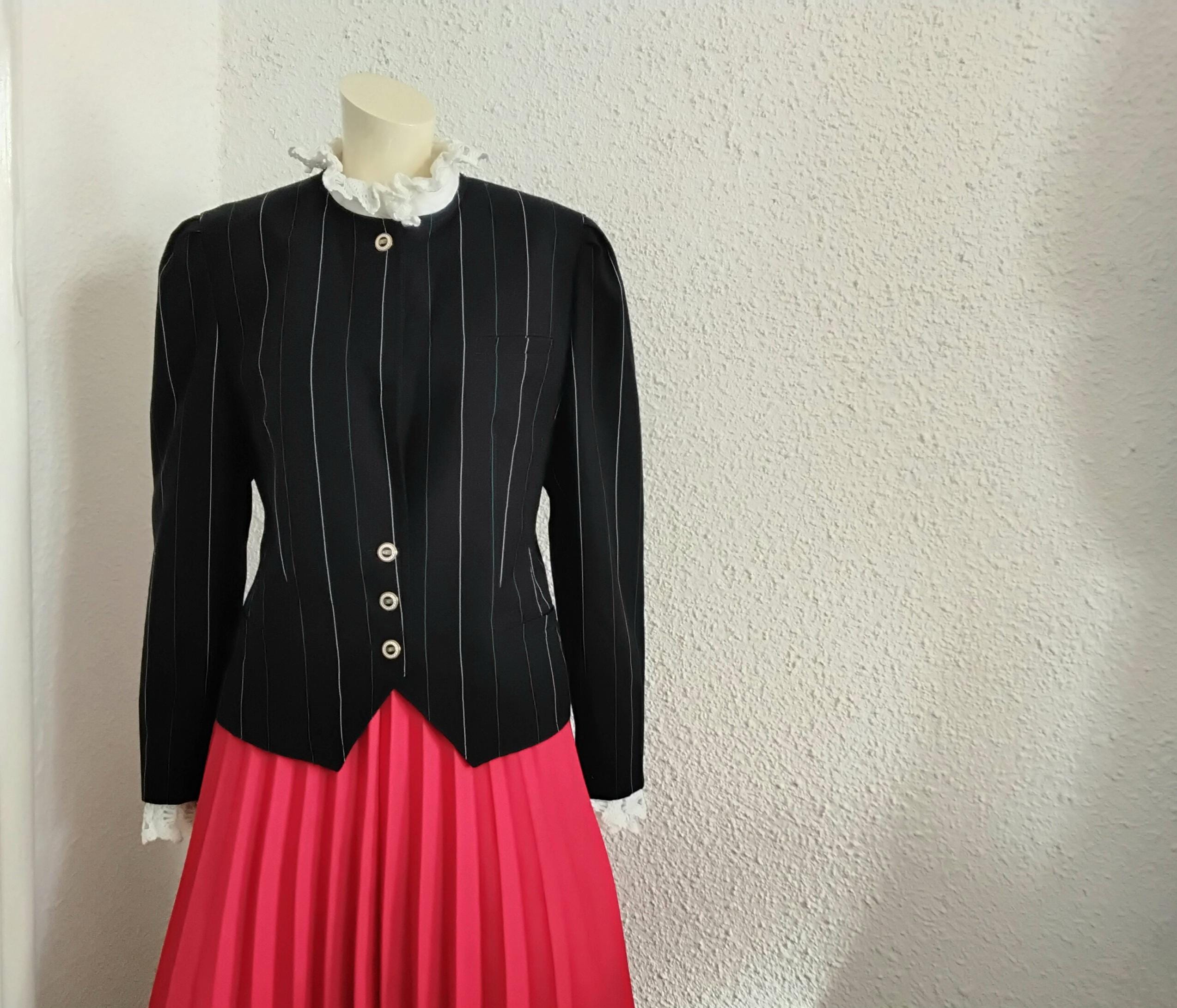 ジャケット・アウター 80s FRANCE jacquard design stripe blazer 80s Striped Jacket Puffy Sleeve Pure Wool Blazer BASLER Pinstripe