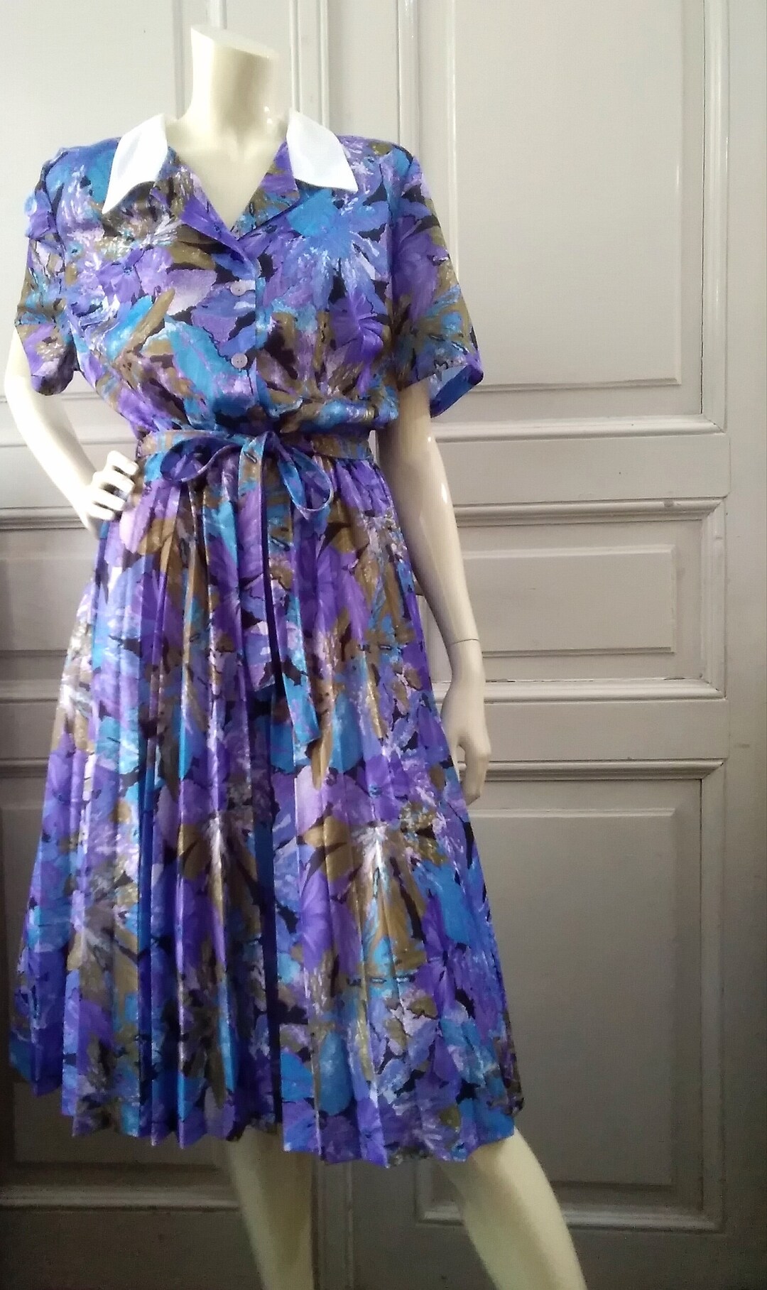 70s Retro Dress Colorful Floral Print Pleated Short Sleeve - Etsy