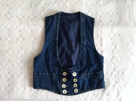 80s Denim Vest Boxy Decolette Vest 52 Size Preppy Blue Jeans