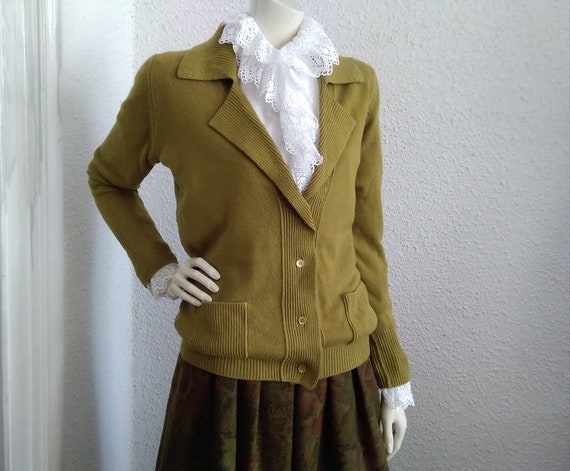 Marni, MARNI cashmere cardigan minimalist 90s spring cardigan V-neck notched collar 44 size mustard-green buttoned sweater simple basic knitwear