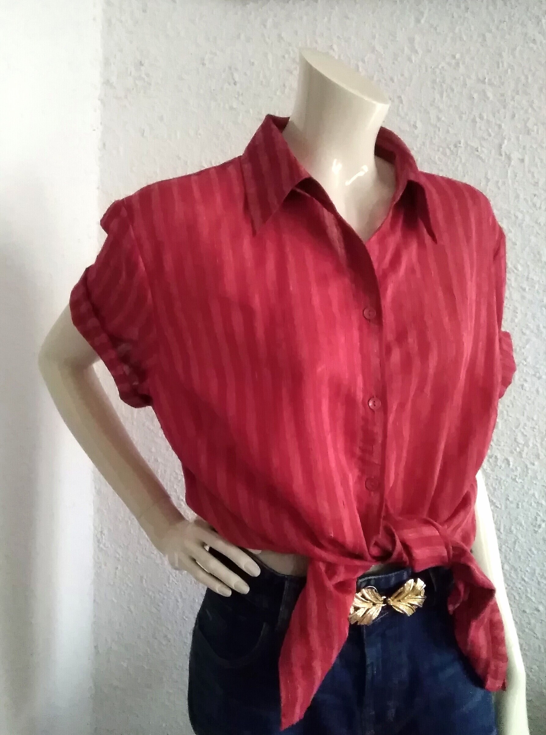 80s Dark Red Striped Blouse Canda Short 