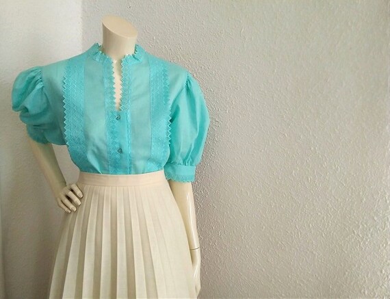 80s lace blouse neon turquoise blouse austrian tr… - image 3