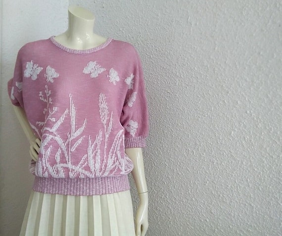 70s retro butterfly blouse dolman sleeve pink blo… - image 1