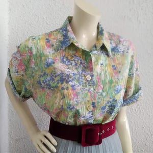 80s pastel blouse floral cotton blouse multicolor button up shirt multicolor blouse summer shirt watercolor blouse botanical blouse  44 size