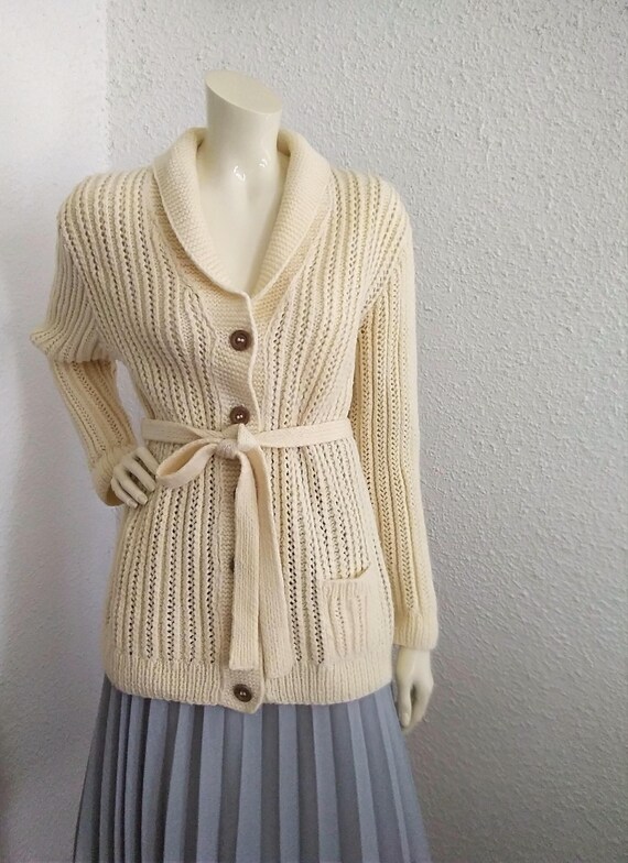 70s Belted Fisherman Cardigan Handknitted Jacket Shawl Collar
