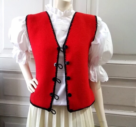 80s folk handknitted vest bicolor vest red and bl… - image 3