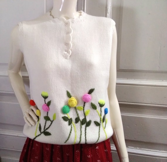 80s embroidered vest boho wool knitted vest ivory