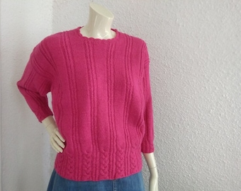 90s pink sweater handknitted chunky pullover winter jumper cable knit sweater torsade decoration sweater probably wool minimalist sweater
