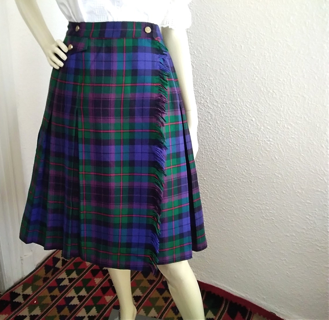 High waist plaid pleated kilt skirt YARELL purple green tartan | Etsy