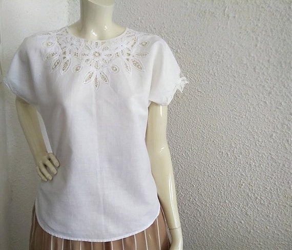 80s open lace blouse M size white embroidered blo… - image 2