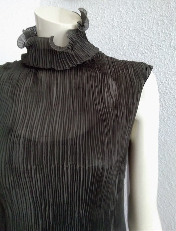 90s JIKI MONTE CARLO pleated blouse ribbed khaki blouse stretchy blouse/leotard 38 size accordion blouse high collar blouse designer blouse