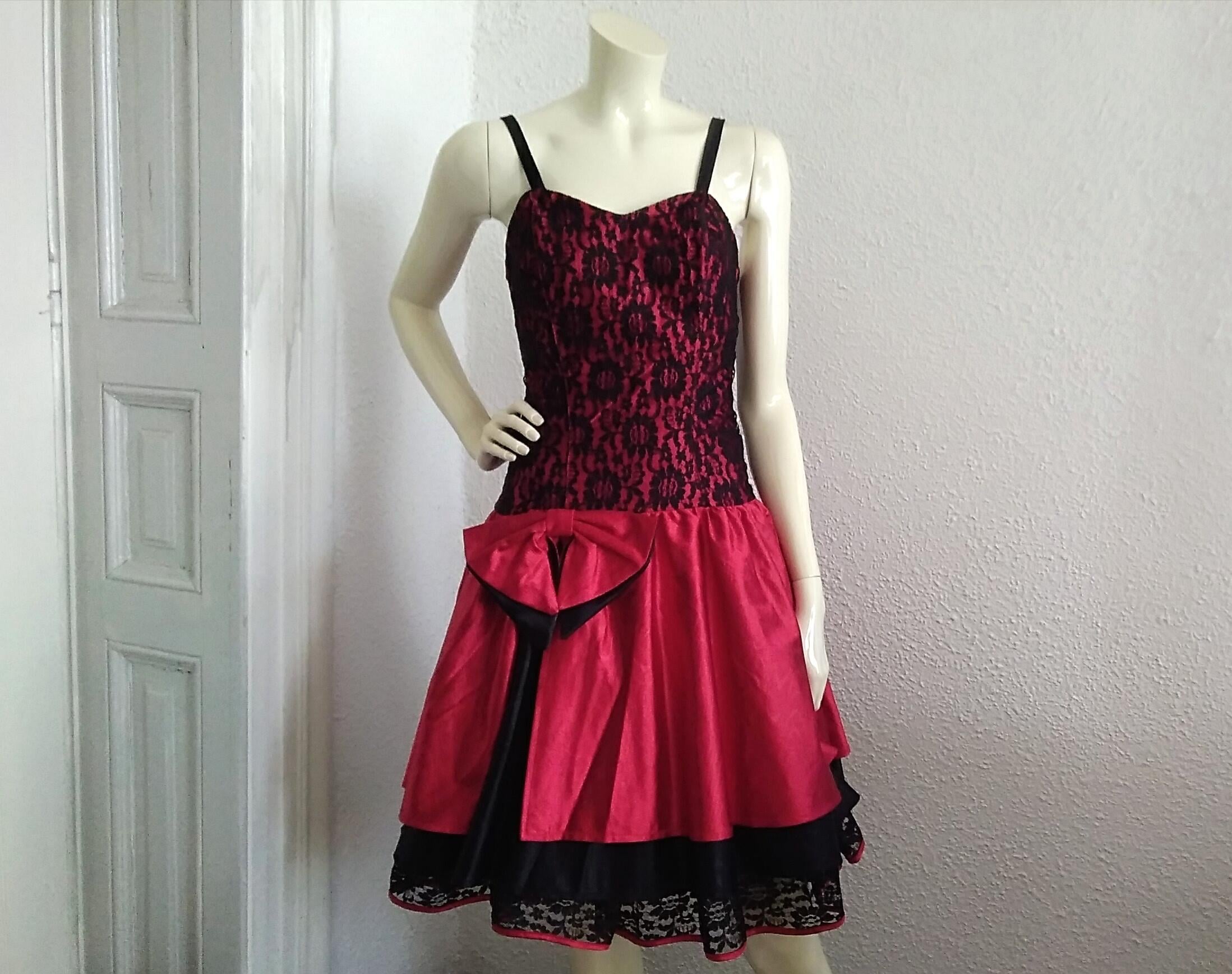 スーツ・フォーマル・ドレス 80s Vintage French Made Back Chain Dress 80s Does 50s Vtg Ruffle Tiered Red & Black Lace Dress Custom