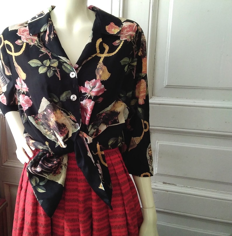 80s floral blouse red roses black print botanical blouse spring blouse 34 sleeve summer blouse vacation floral blouse viscose handmade