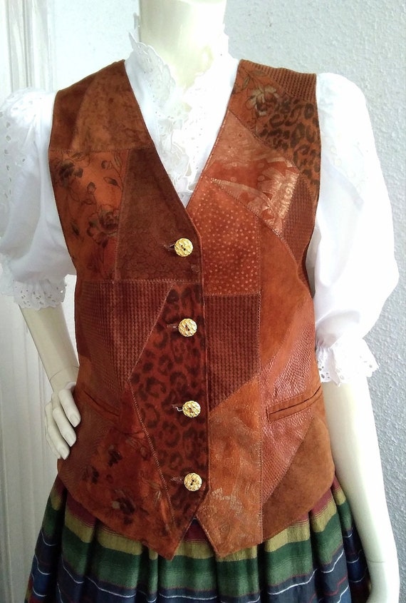 suede leather camel vest patchwork vest folk rust… - image 4