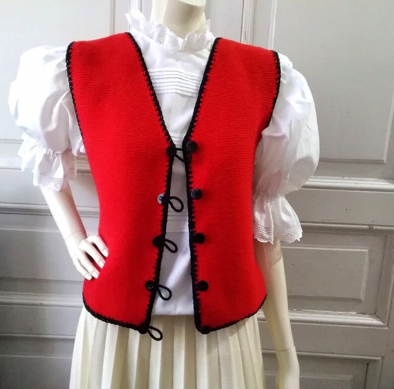 80s folk handknitted vest bicolor vest red and bl… - image 7