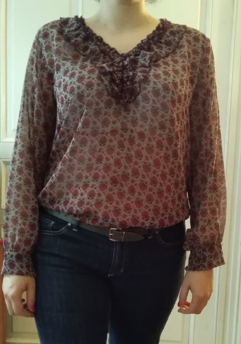 sheer mesh ruffled top floral print burgundy dark red color 90s long sleeve blouse