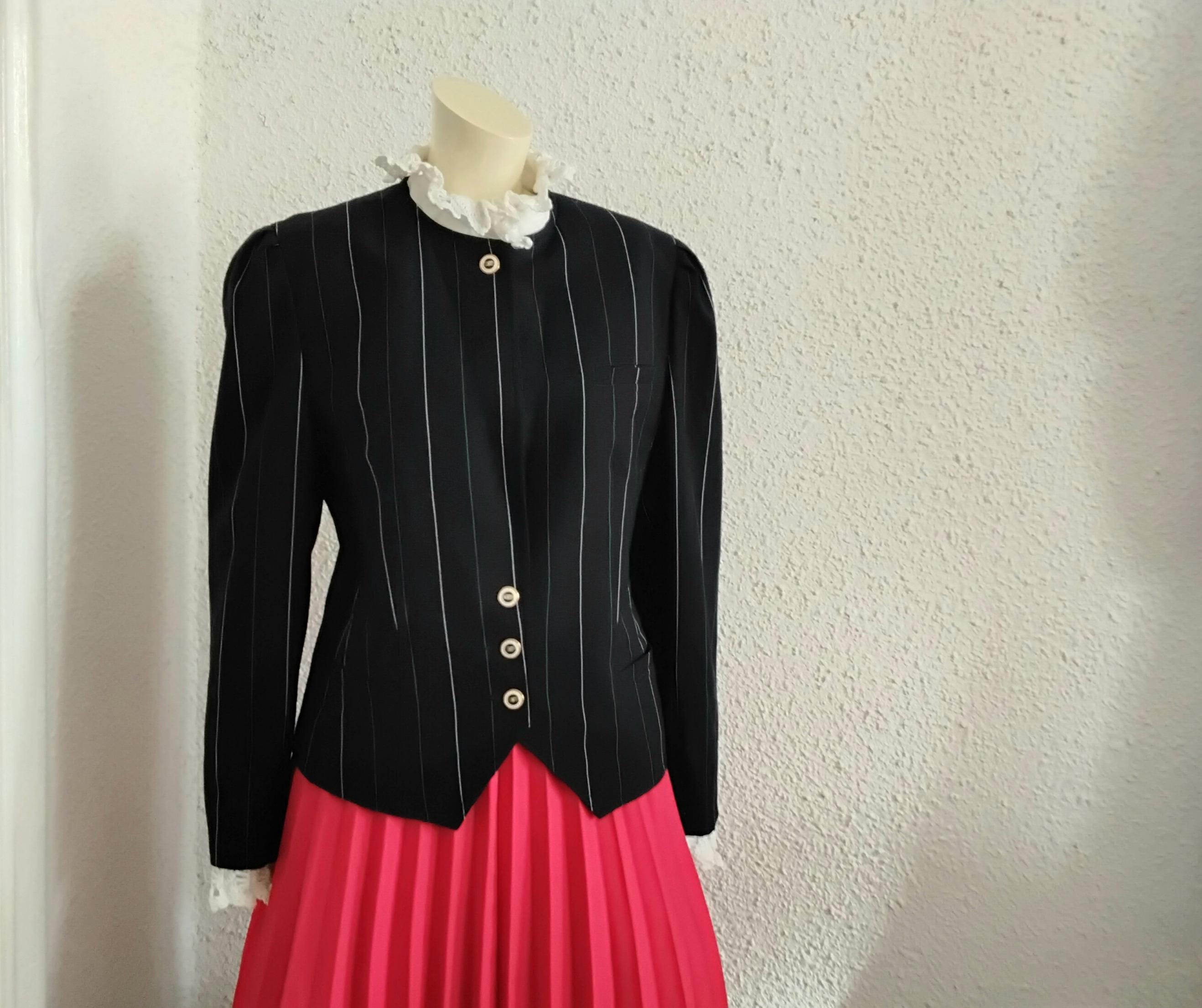 80s Striped Jacket Puffy Sleeve Pure Wool Blazer BASLER Pinstripe