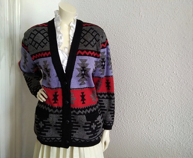 80s colorful cardigan button up men cardigan pop-art sweater aztec print cardigan spring ethnic cardigan V-neck butonned men jumper