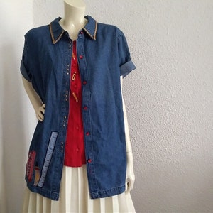 80s BOBBIE BROOKS jeans shirt button up shirt denim dark blue shirt embroidered crayons blouse red top attached pop-art funny denim shirt