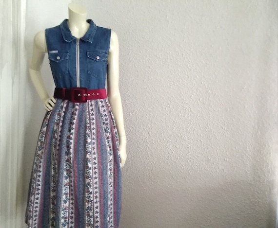 Jaren 90 grunge jurk katoenen hemdjurk bloemen gestreepte spijkerjurk C A mouwloze lentejurk boho boho jurk jeans bloemen sarafan Etsy Nederland