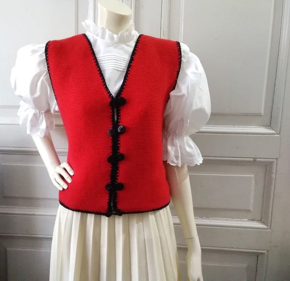 80s folk handknitted vest bicolor vest red and bl… - image 4