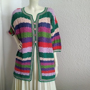 70s retro spring vest colorful handknitted purple pink green top crochet lace multicolor vest gipsy style hippie striped vest bohemian top
