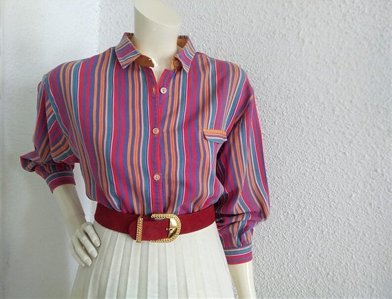 70s-80s striped blouse multicolor spring blouse s… - image 3