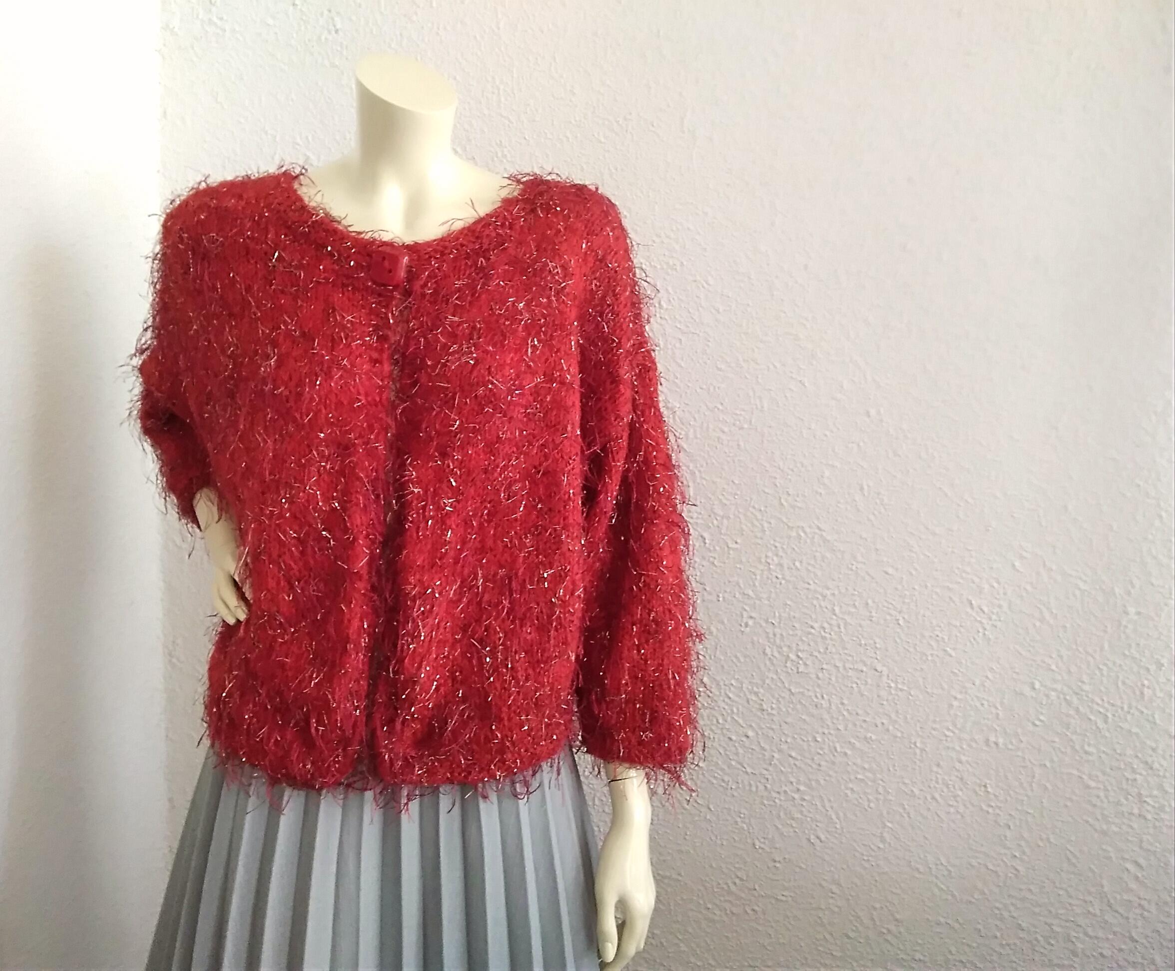 80s Pop-art Vivid Red Cardigan Fluffy Chunky Cardigan Shiny