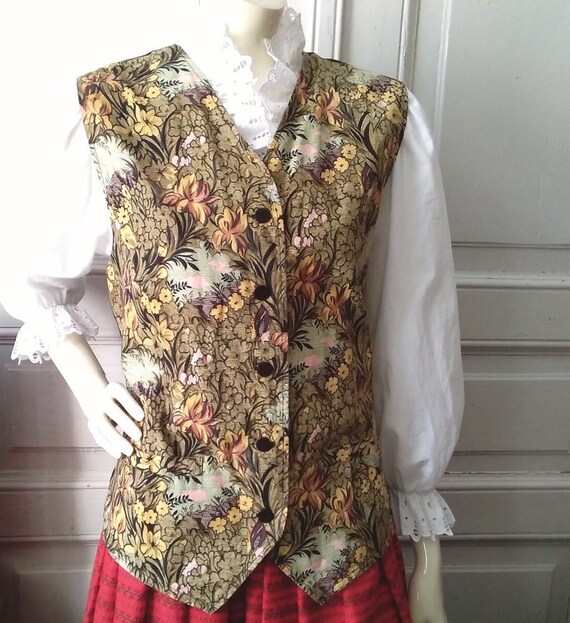 80s Vintage Spring Vest Floral Yellow Vest V-neck Hippie
