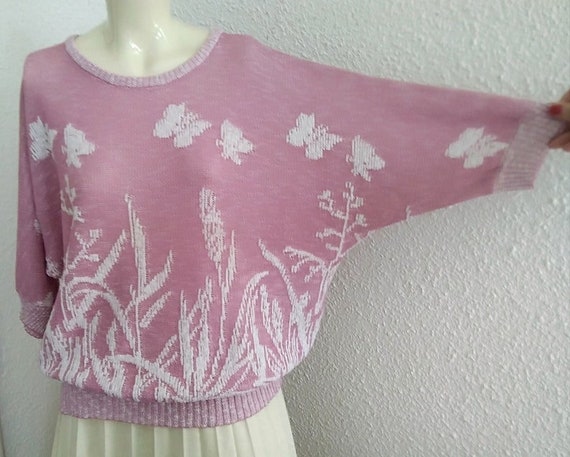 70s retro butterfly blouse dolman sleeve pink blo… - image 5