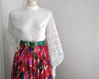 60s-70s mod Bluse Bischof Ärmel Cutwork Spitze Hemd 42 Größe off-white feminin Romantische Schiere Frühlings Bluse Abend Party Top