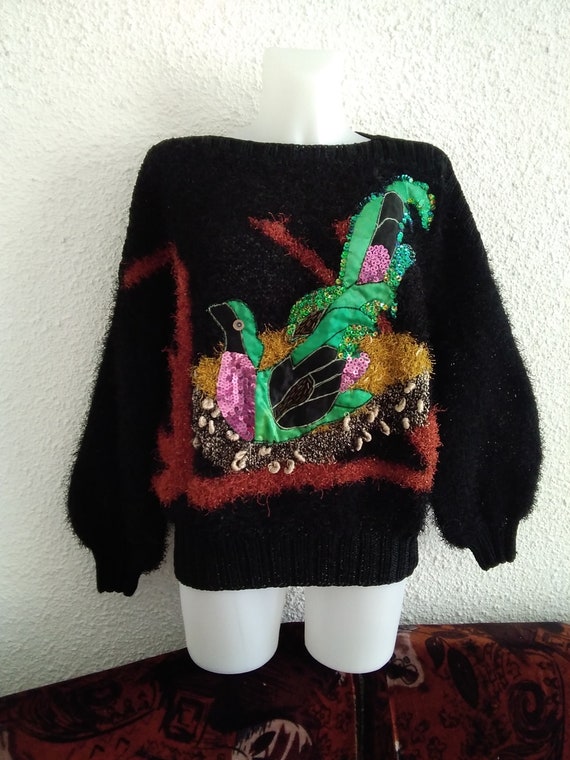 80s Patchwork Peacock Sweater Sequins 