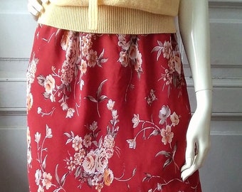 90s vintage summer skirt floral print skirt red flared skirt long skirt viscose botanical skirt 46 size
