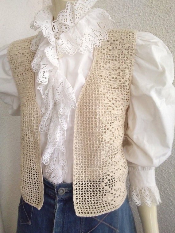 70s retro crochet vest boho lace floral vest summ… - image 4