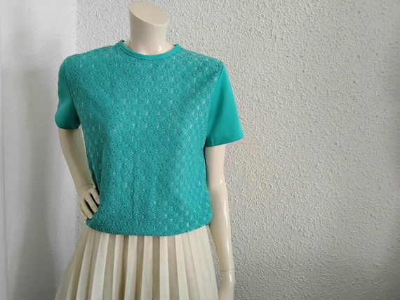 60s mod blouse turquoise blouse lurex blouse floral jacquard blouse spring shiny blouse glitter jersey blouse vivid sparkle blouse