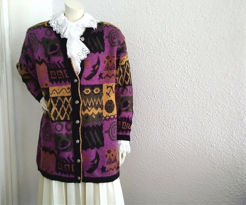 Buy 80s Colorful Cardigan 44/46 Size Long Knitted Jacket Geometric