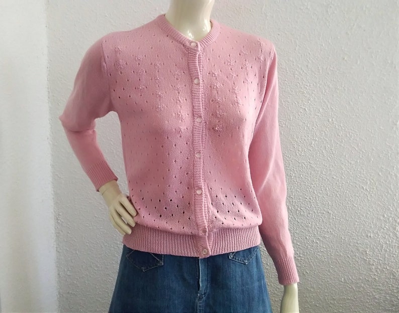 70s Pink Knit Cardigan, Floral Embroidery, Vintage Style - Etsy