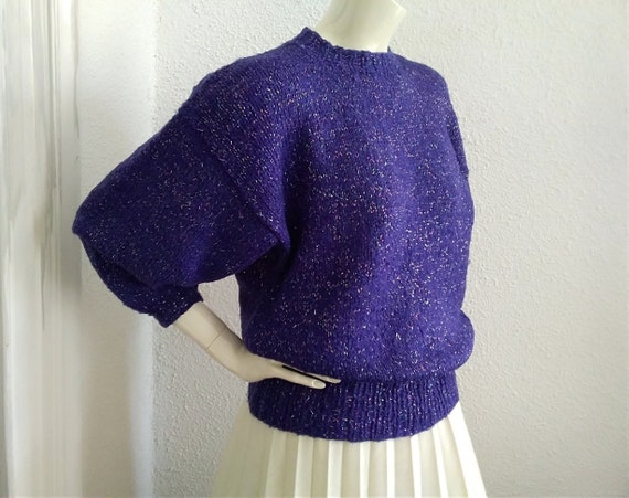VintageMagicTouch 80s Pop-art Dark Purple Sweater Minimalist Basic Pullover Spring Mauve Jumper Colorful Shiny Lurex Fabric Large Sleeve Handknitted Jumper
