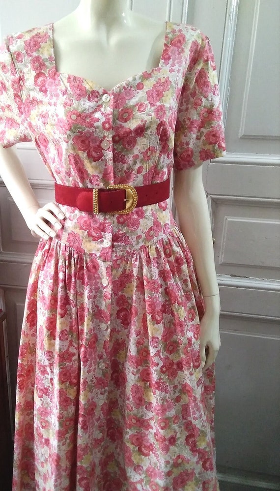 1980s 'Laura Ashley' Moss Green Pink Floral Prairie Cottage Core Dress UK 6/8