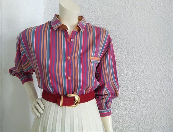 70s-80s striped blouse multicolor spring blouse s… - image 1