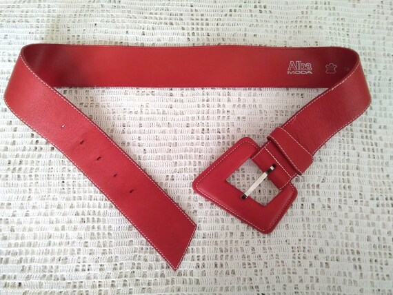 80s red leather belt asymetric buckle belt disco r