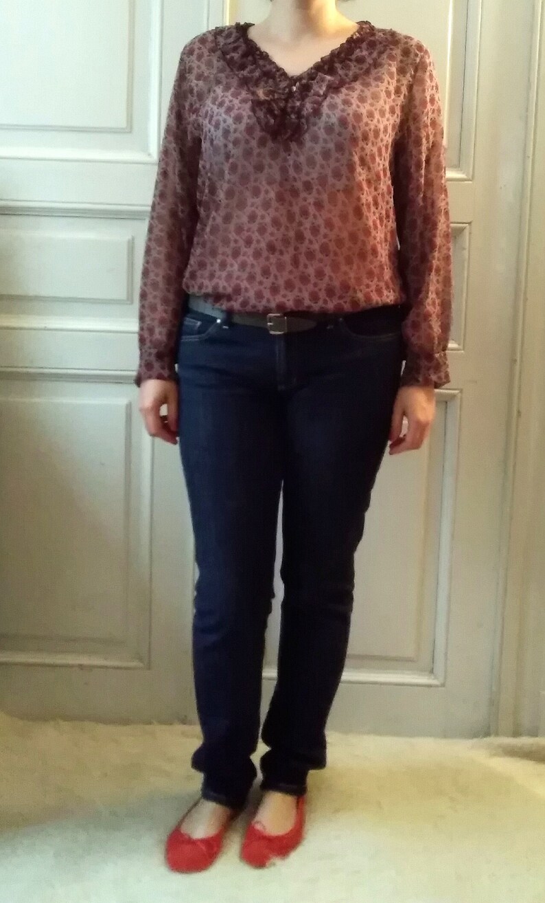 sheer mesh ruffled top floral print burgundy dark red color 90s long sleeve blouse
