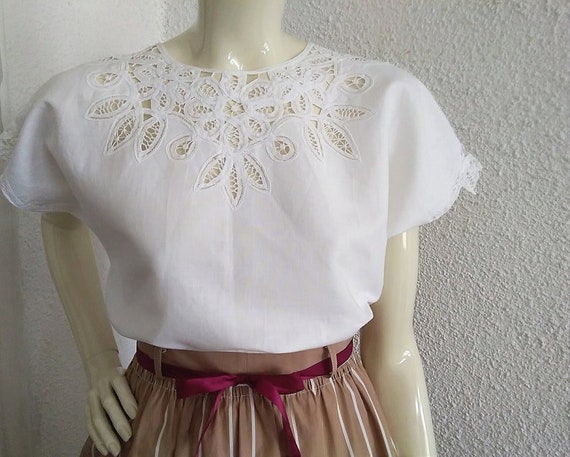 80s open lace blouse M size white embroidered blo… - image 4