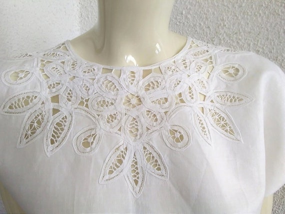 80s open lace blouse M size white embroidered blo… - image 5