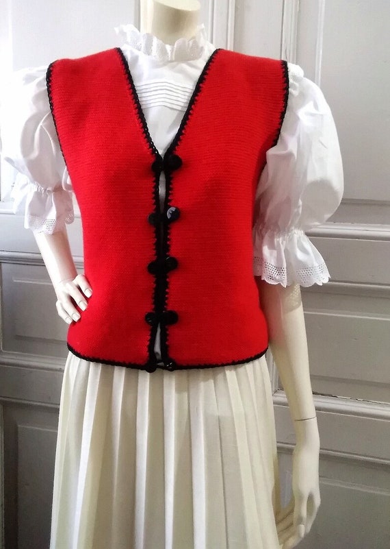 80s folk handknitted vest bicolor vest red and bl… - image 2
