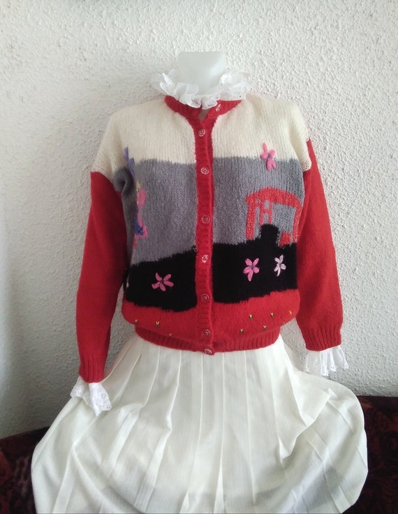 80s novelty scenic sweater vintage wool mohair and
