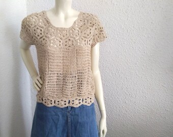 Blusa de ganchillo de los años 70 blusa de algodón tejida a mano