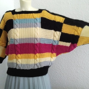 80s multicolor sweater dolman sleeve jumper patchwork pullover handknitted fluffy chunky sweater batwing jumper fuzzy sweater colorblock top